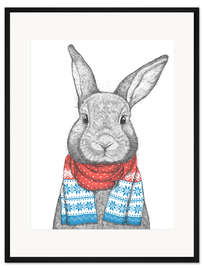 Gerahmter Kunstdruck Hase mit weihnachtlichem Schal