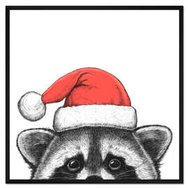 Gerahmter Kunstdruck Waschbär mit Weihachtsmütze