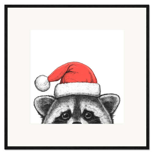 Framed art print Raccoon in a Santa hat