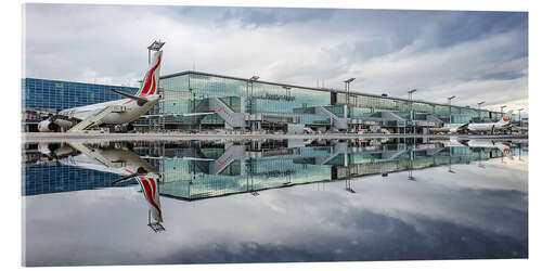 Acrylglas print Airport terminal reflected in rainwater