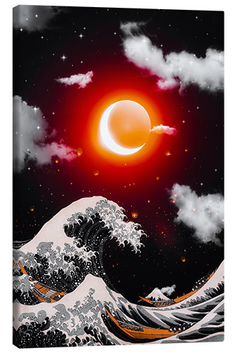 Quadro em tela Great Wave of Kanagawa and Red Sun with Crescent Moon