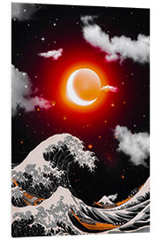 Tableau en PVC Great Wave of Kanagawa and Red Sun with Crescent Moon