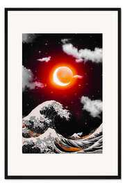 Gerahmter Kunstdruck Große Welle von Kanagawa und rote Sonne mit Halbmond