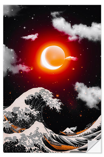 Sisustustarra Great Wave of Kanagawa and Red Sun with Crescent Moon