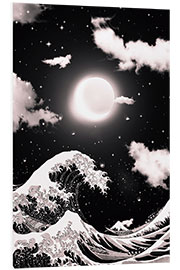 Tableau en PVC Great Wave off Kanagawa and Lunar Eclipse in black and white