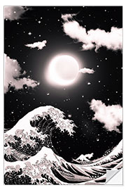 Sisustustarra Great Wave off Kanagawa and Lunar Eclipse in black and white