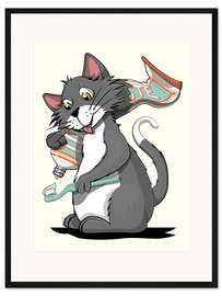 Gerahmter Kunstdruck Katze beim Zähne putzen