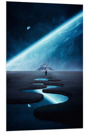 Foam board print Hiker at Mont Saint Michel on a Planet in Blue Atmosphere