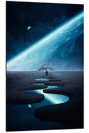 Magnettafel Wanderer am Mont Saint Michel auf Planet in blauer Atmosphäre