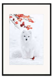 Gerahmter Kunstdruck Weißer Fuchs und roter Kardinal im Winter