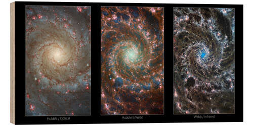 Holzbild Galaxie M74, HST- und JWST, Infrarot- und optische Bilder, 2022