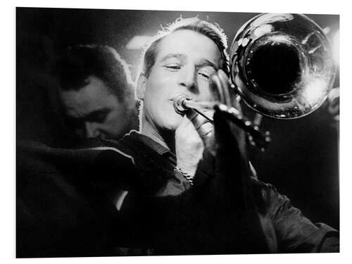 Tableau en PVC Portrait of Actor Paul Newman, Playing Trumpet, 1961