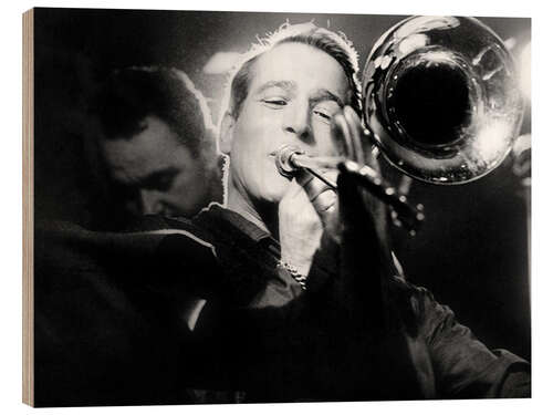 Trätavla Portrait of Actor Paul Newman, Playing Trumpet, 1961
