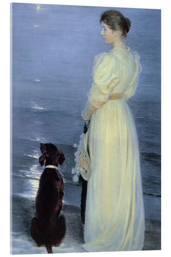 Stampa su vetro acrilico Summer Evening at Skagen, the Artist’s Wife With a Dog on the Beach, 1892