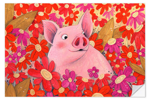 Sticker mural Piggy with red flowers