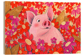 Wood print Piggy with red flowers