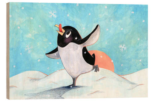 Wood print Penguin with snowflakes