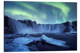 Aluminiumtavla Northern Lights dance over Godafoss in Iceland