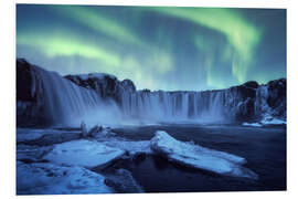 Foam board print Northern Lights dance over Godafoss in Iceland