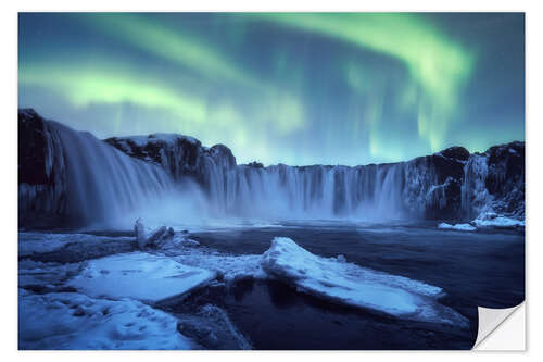 Wall sticker Northern Lights dance over Godafoss in Iceland