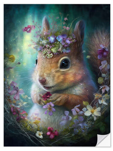 Selvklebende plakat Squirrel with flowers