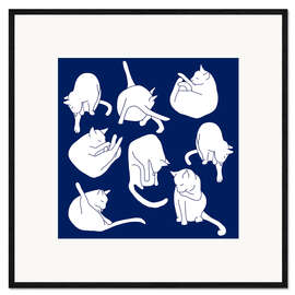 Framed art print White Cats on Indigo Blue