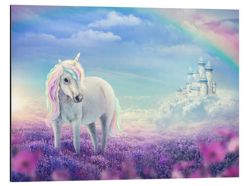 Aluminium print White Unicorn in Flower Field
