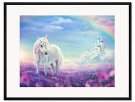Gerahmter Kunstdruck Weißes Einhorn auf einem Blumenfeld
