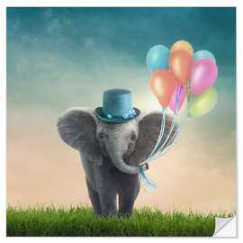 Selvklebende plakat Little Elephant with Balloons