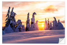 Selvklebende plakat Frozen snowy forest at sunset, Finland