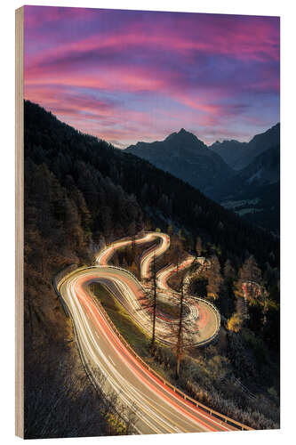 Hout print Maloja Pass in Switzerland in the evening