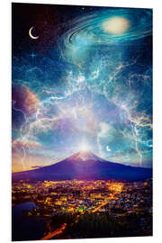 Foam board print Mount Fuji galaxy and crescent moon