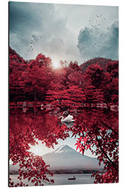 Alumiinitaulu Mount Fuji and white swan in red landscape