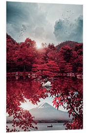 Foam board print Mount Fuji and white swan in red landscape