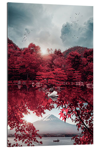 Galleritryck Mount Fuji and white swan in red landscape