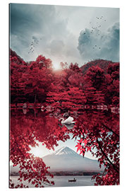 Galleritryck Mount Fuji and white swan in red landscape
