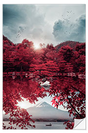 Självhäftande poster Mount Fuji and white swan in red landscape