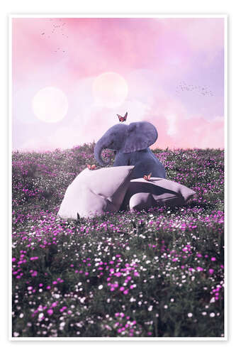 Poster Baby elephant on the flower meadow