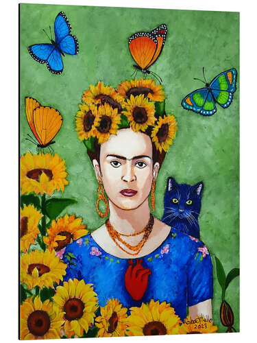 Aluminium print Frida with Sunflowers and Cat