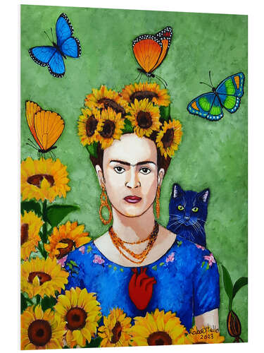 Foam board print Frida with Sunflowers and Cat