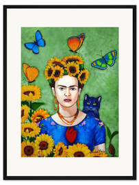Gerahmter Kunstdruck Frida mit Sonnenblumen und Katze