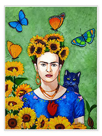 Poster Frida mit Sonnenblumen und Katze