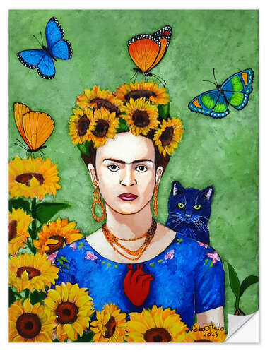 Selvklebende plakat Frida with Sunflowers and Cat