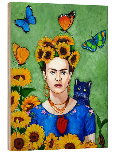 Wood print Frida with Sunflowers and Cat