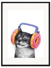 Gerahmter Kunstdruck Katze mit Donut Kopfhörern