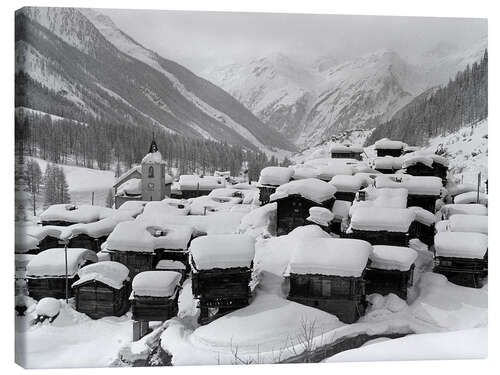 Tableau sur toile Snowy Mountain Village With Wooden Huts