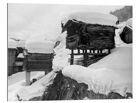 Tableau en plexi-alu Alpine Huts in the Snow