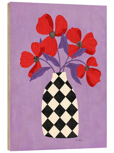 Wood print Checkered vase with poppies