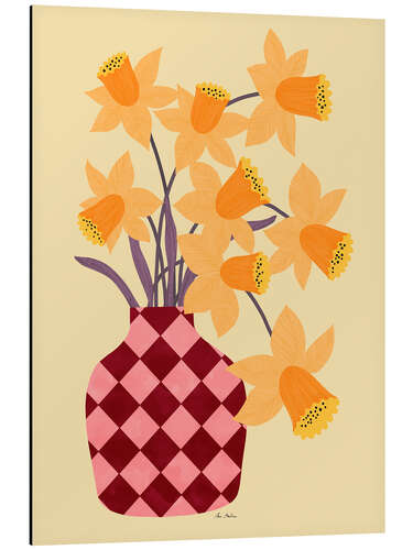 Stampa su alluminio Checkered vase with daffodils