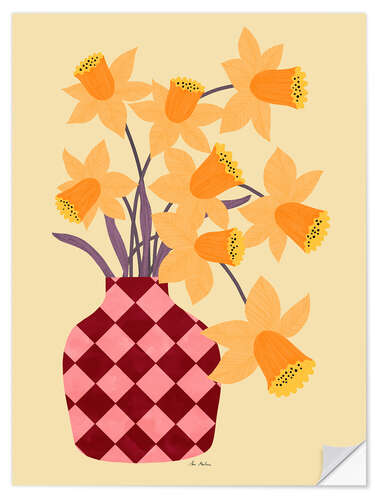 Naklejka na ścianę Checkered vase with daffodils